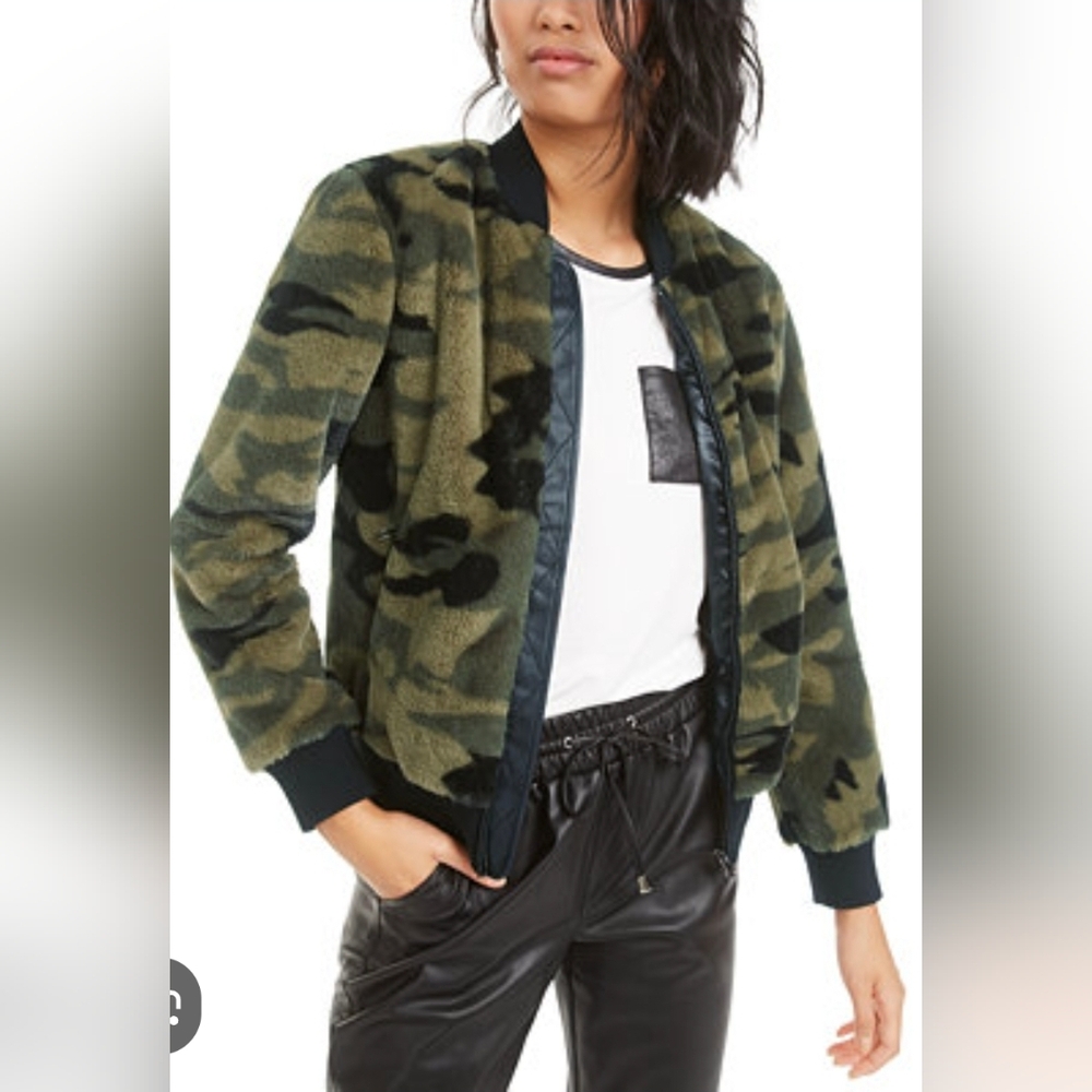 Bar III Faux Fur Camouflage Print Bomber Jacket Size S